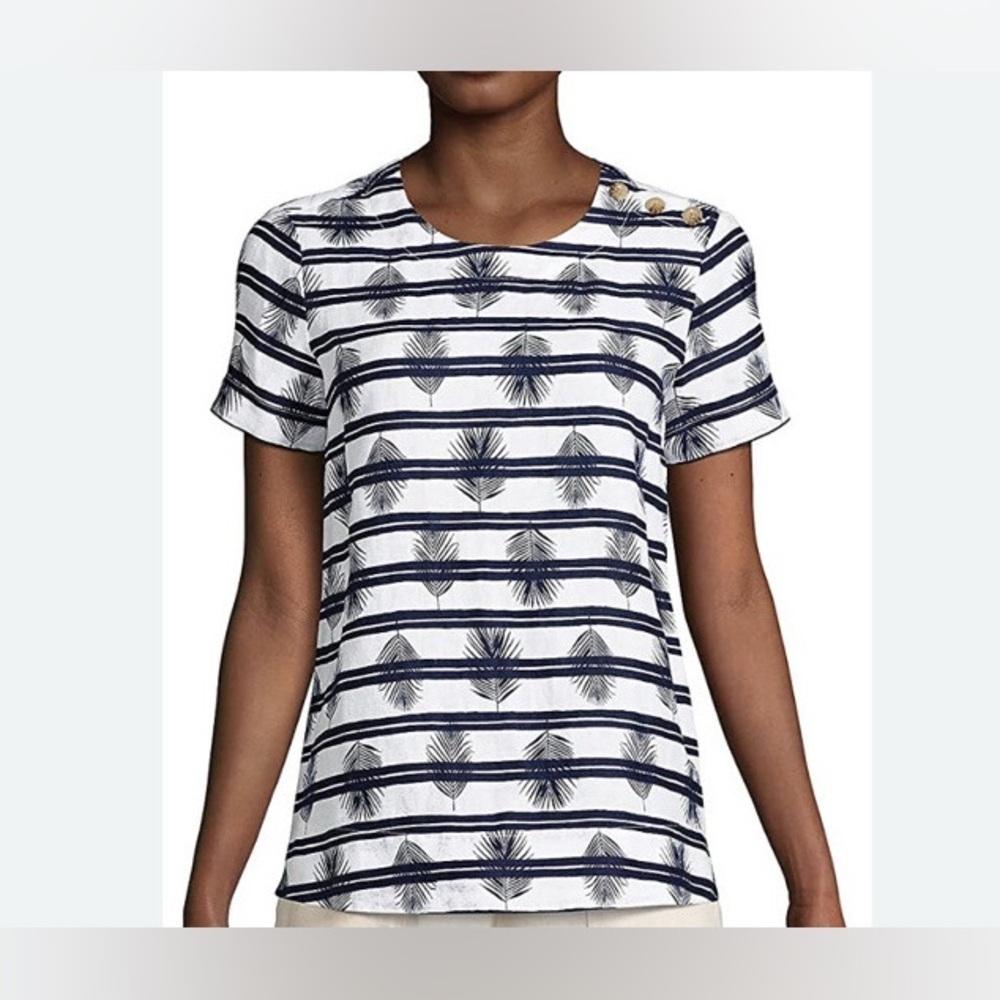 Lands End Linen Striped Palm Leaf Top Size 1X Blue White Button Detail NWT